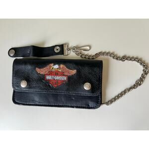 Vintage Harley Davidson Embroidered Eagle Shield Leather Biker Wallet Chain